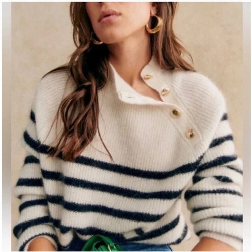 Sezane Trudy Jumper Wool Sweater Natural Navy White Striped Gold Button Small